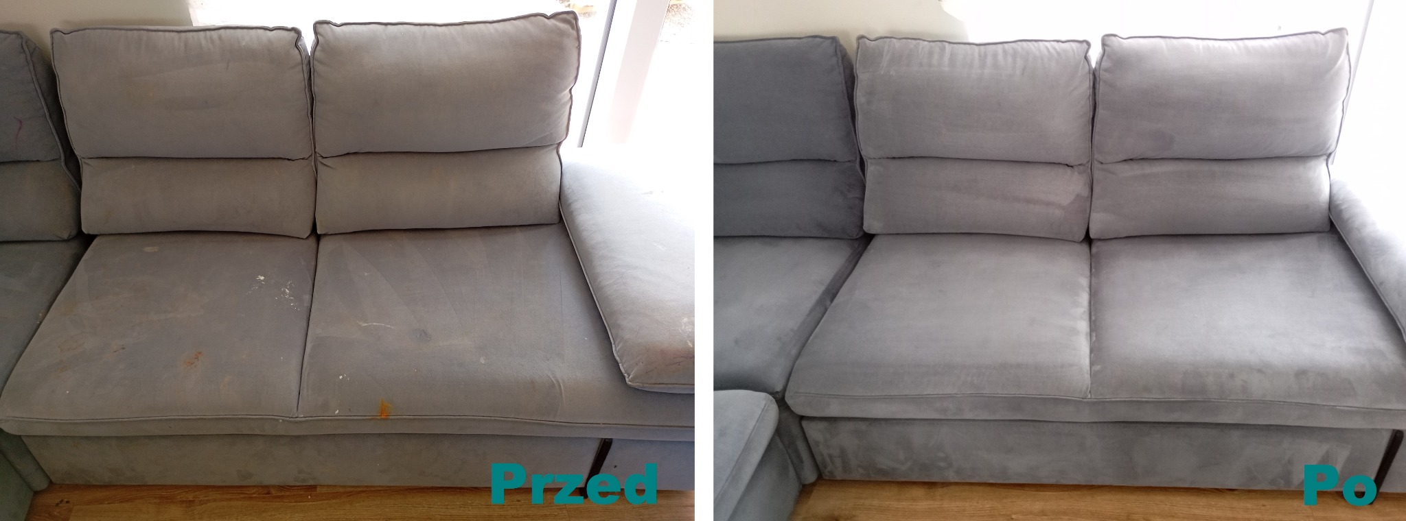 Szara kanapa narożna, widok przed i po czyszczeniu, z widocznymi plamami po lewej stronie i czystą tapicerką po prawej stronie.