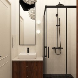 Pracownia Przedpokój Joanna Gołos - Nowoczesna łazienka z kabiną prysznicową typu walk-in, umywalką na drewnianej szafce i czarno-białą podłogą w szachownicę. Minimalistyczny design z lampą w tle.