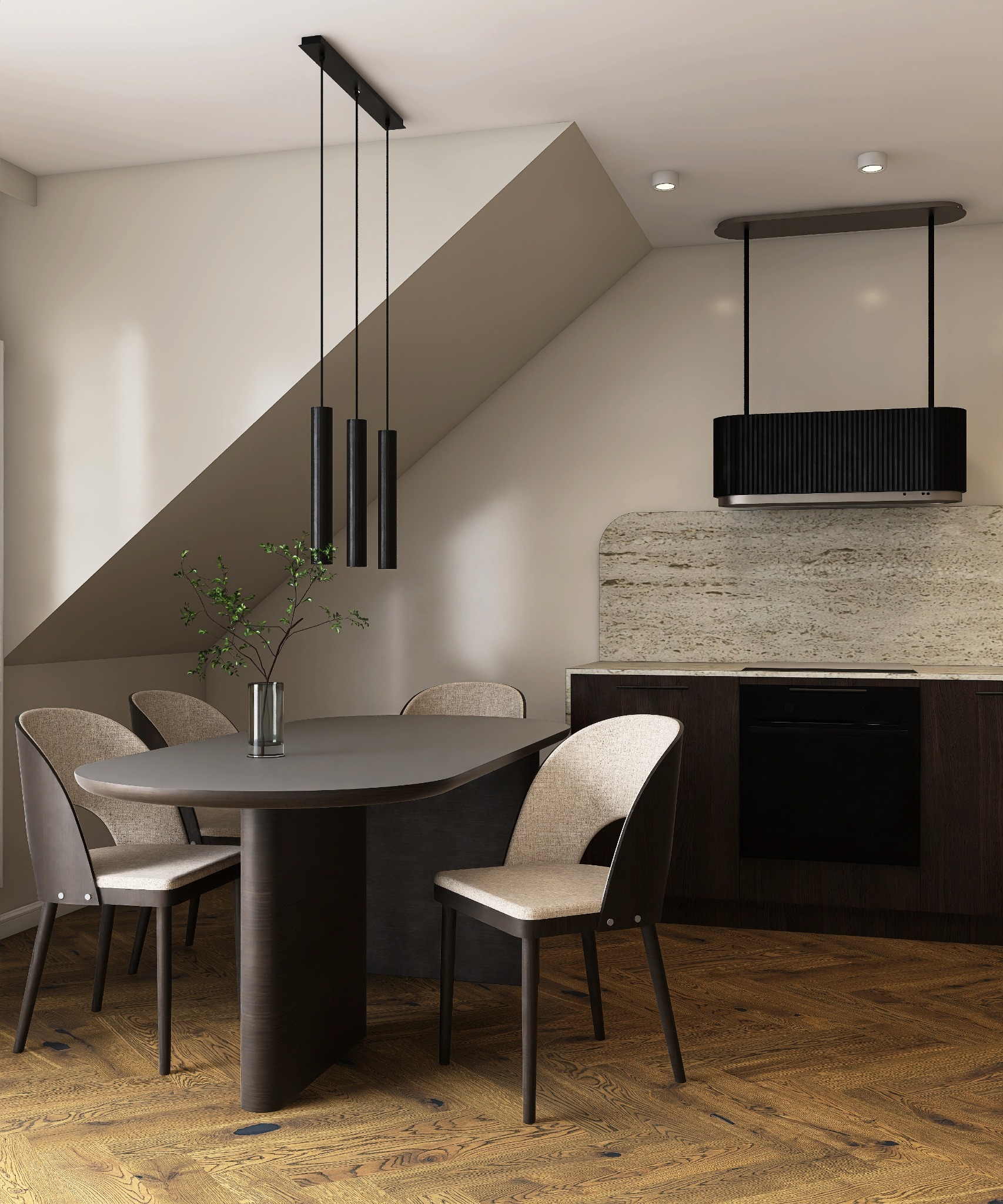 Nowoczesna jadalnia z owalnym stołem, krzesłami z beżową tapicerką i minimalistyczną lampą wiszącą na tle kuchni z okładziną ze wzorzystego kamienia.