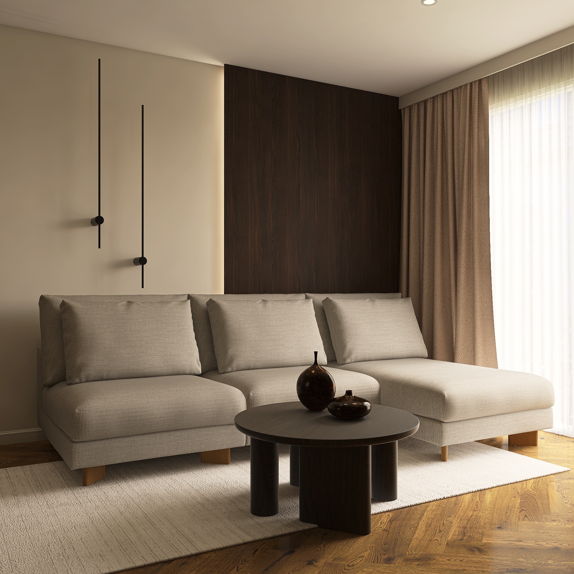 Jasnoszara sofa modułowa z poduszkami i okrągły stolik kawowy z ciemnego drewna, na którym stoją dwie dekoracyjne wazy, na tle ściany z drewnianym panelem i minimalistycznymi lampami w Iwinach.