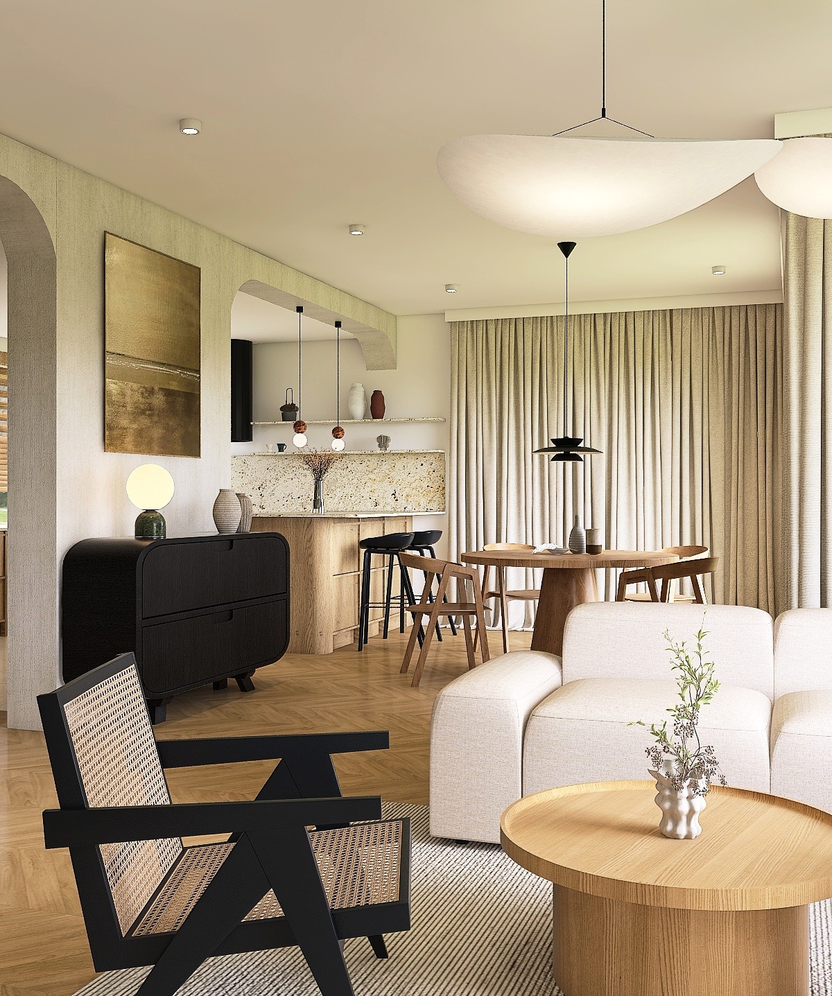 Jasne, przestronne wnętrze z drewnianymi akcentami: czarne krzesło z rattanem, okrągły stolik kawowy, sofa i jadalnia w tle. Naturalne światło, minimalistyczny design.