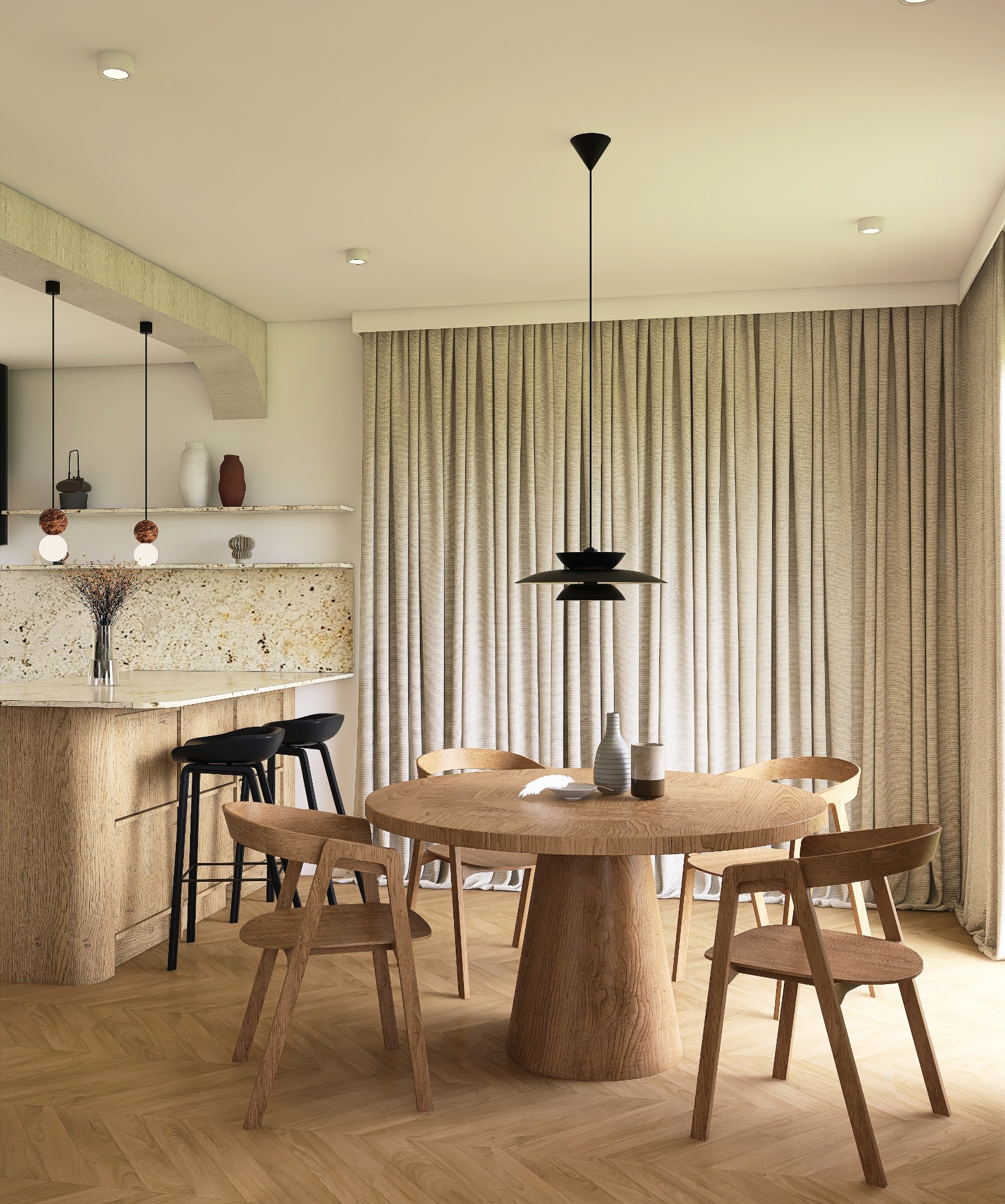 Stylowa aranżacja jadalni w Iwinach: drewniany stół z krzesłami na tle zasłon. Na blacie dekoracje, nad stołem designerska lampa. W tle wyspa kuchenna z hokerami.