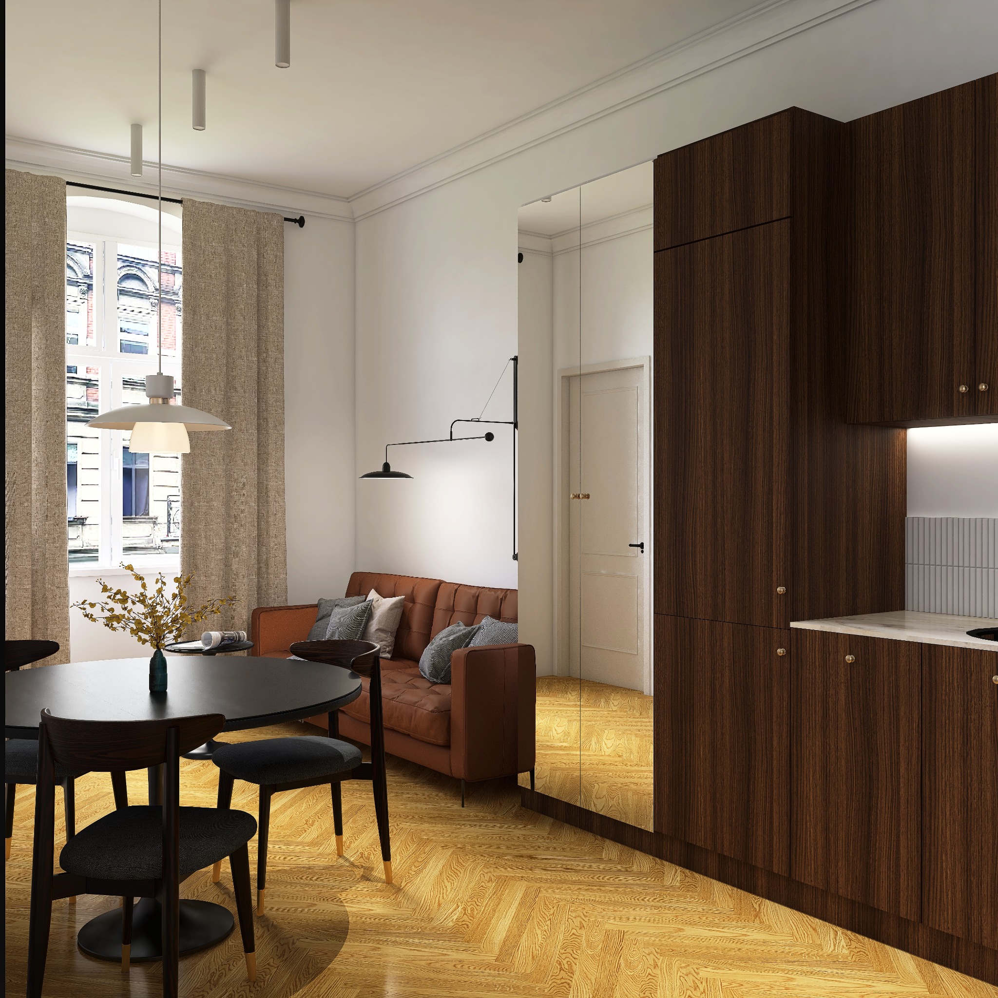 Nowoczesne wnętrze: brązowa sofa, okrągły stół z czarnymi krzesłami i zabudowa kuchenna z ciemnego drewna. Parkiet w jodełkę. Lustro powiększa przestrzeń.