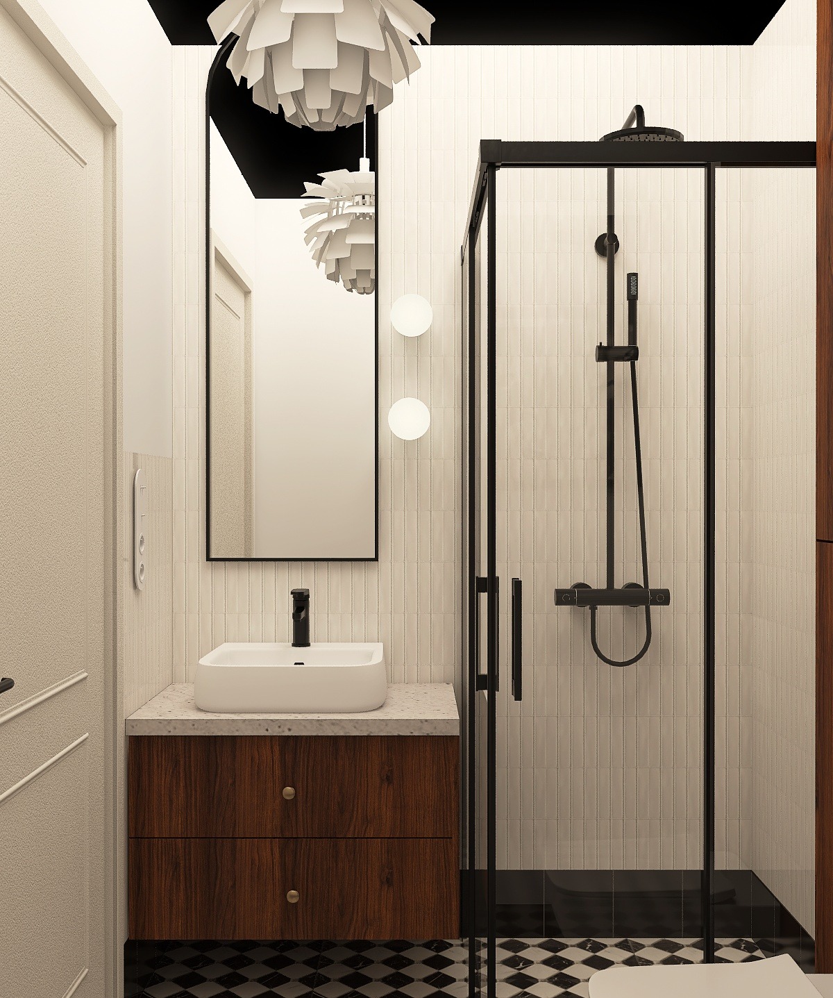 Nowoczesna łazienka z kabiną prysznicową typu walk-in, umywalką na drewnianej szafce i czarno-białą podłogą w szachownicę. Minimalistyczny design z lampą w tle.