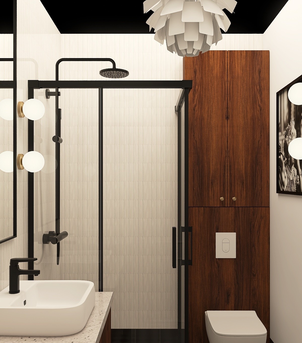 Nowoczesna łazienka z kabiną prysznicową typu walk-in, białą umywalką na blacie i drewnianą zabudową toalety. Minimalistyczne oświetlenie i białe płytki.