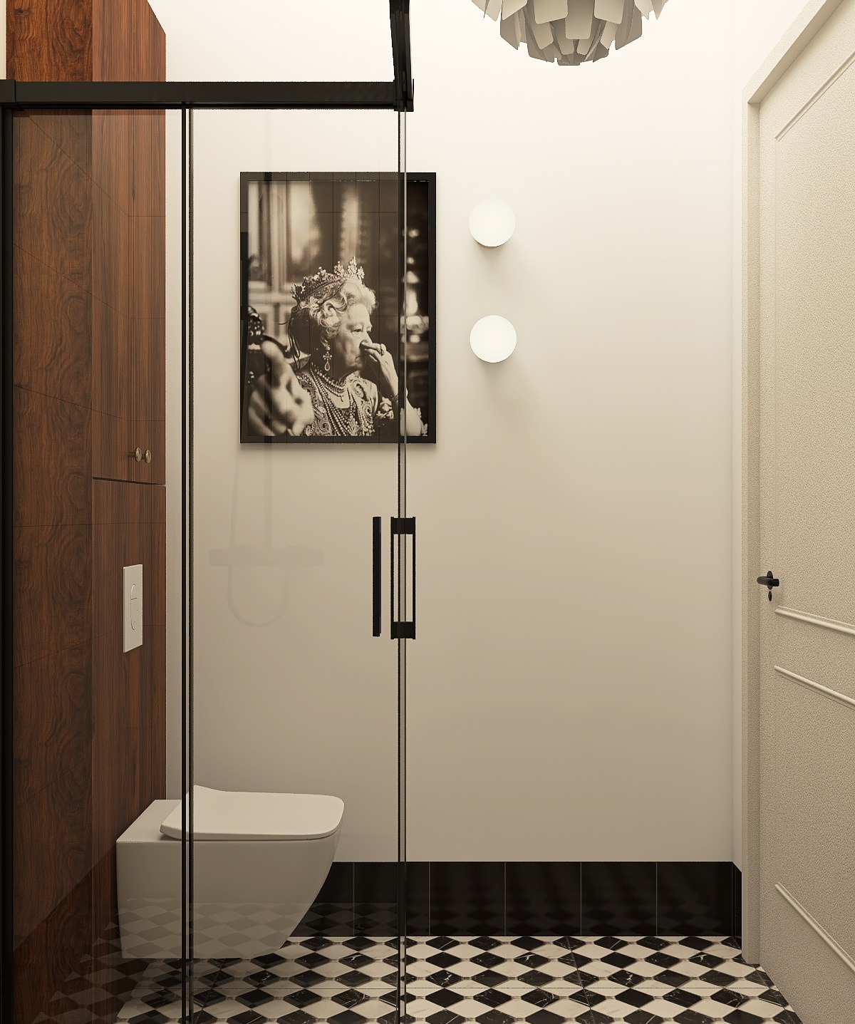 Nowoczesna łazienka z kabiną prysznicową, toaletą wiszącą, czarno-białą podłogą i portretem królowej w czarnej ramie. Minimalistyczne oświetlenie.