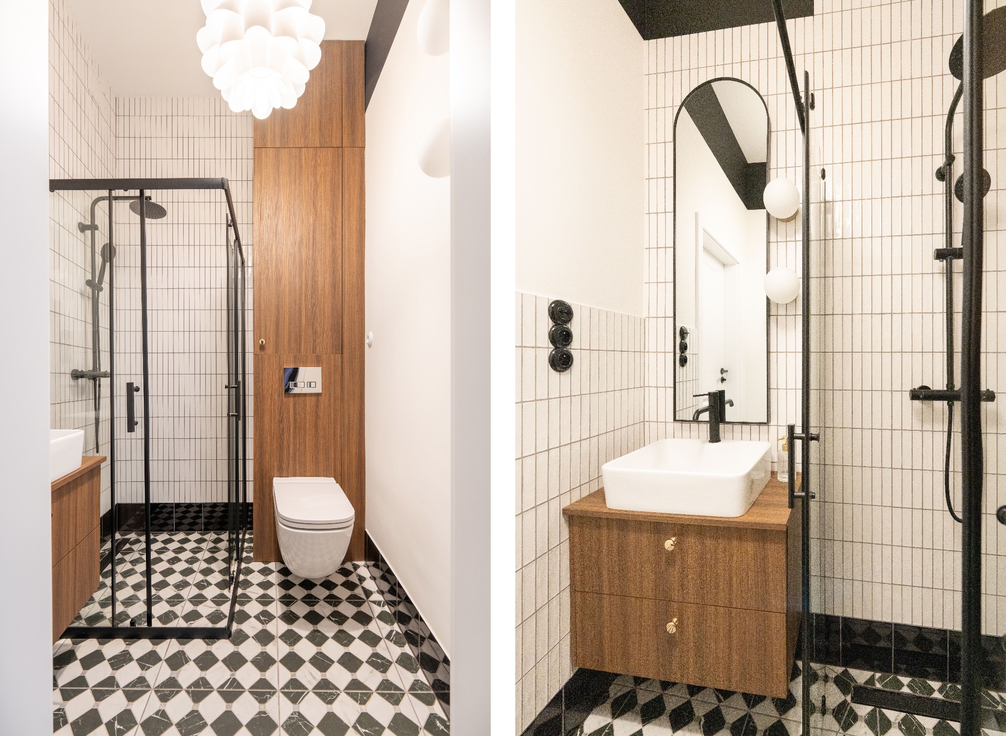 Nowoczesna łazienka z kabiną prysznicową, umywalką na szafce z drewnianym wykończeniem i czarno-białą szachownicą na podłodze. Minimalistyczny design z akcentami retro.