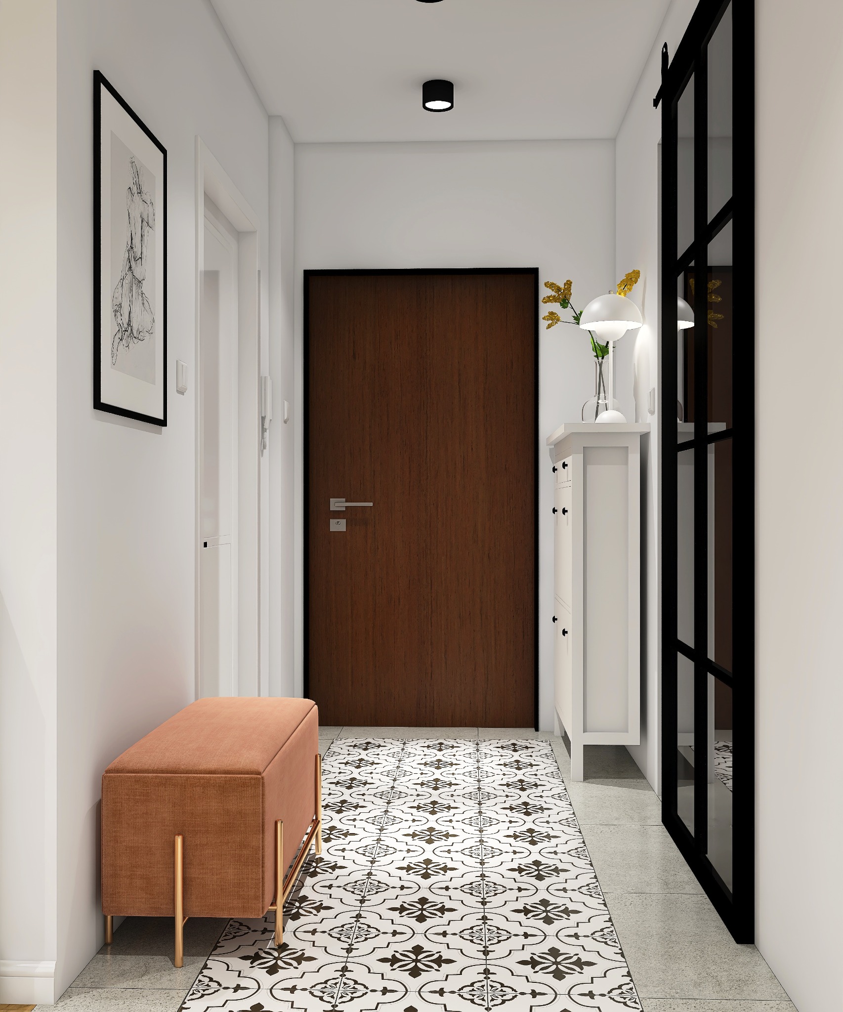 Nowoczesny przedpokój z brązowymi drzwiami, wzorzystą posadzką i pomarańczową pufą. Minimalistyczny wystrój z czarnymi akcentami i białymi ścianami.