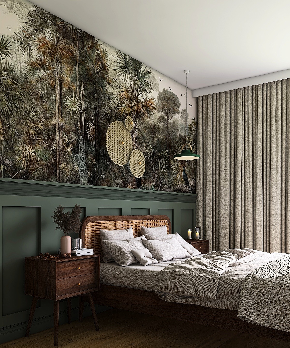 Sypialnia z tapetą tropikalną i drewnianym łóżkiem. Na ścianie dekoracyjne słomkowe elementy. Stonowana kolorystyka i naturalne materiały tworzą przytulną atmosferę.