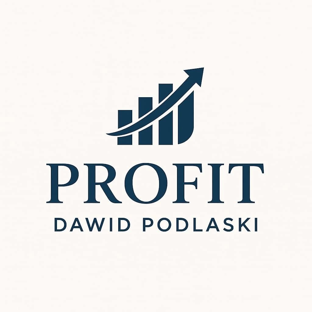 Grafika z wykresem wzrostu, napisem 'PROFIT' i imieniem Dawid Podlaski. Ciemnoniebieski motyw na jasnym tle. Symbolizuje sukces finansowy i profesjonalizm.