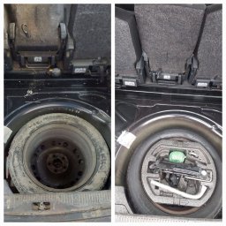 Mobifresh - Porównanie bagażnika samochodowego przed i po czyszczeniu: po lewej brudne koło zapasowe, po prawej czyste koło zapasowe z zestawem narzędzi w piankowym organizerze, widoczna różnica w czystości...