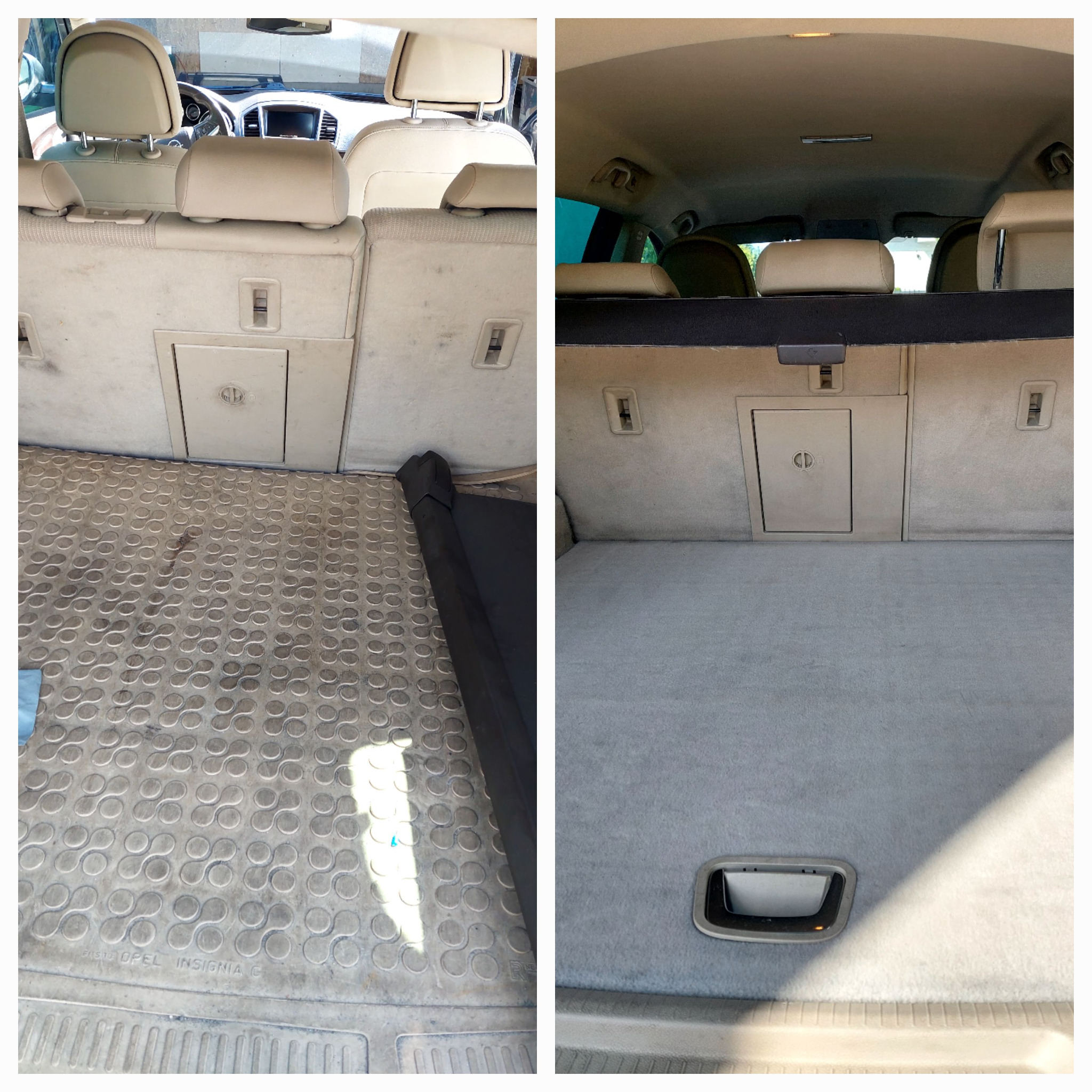 Porównanie bagażnika samochodu Opel Insignia przed i po czyszczeniu, widoczne różnice w czystości wykładziny i gumowej maty. Po lewej stronie zabrudzenia, po prawej świeżo wyczyszczona powierzchnia.