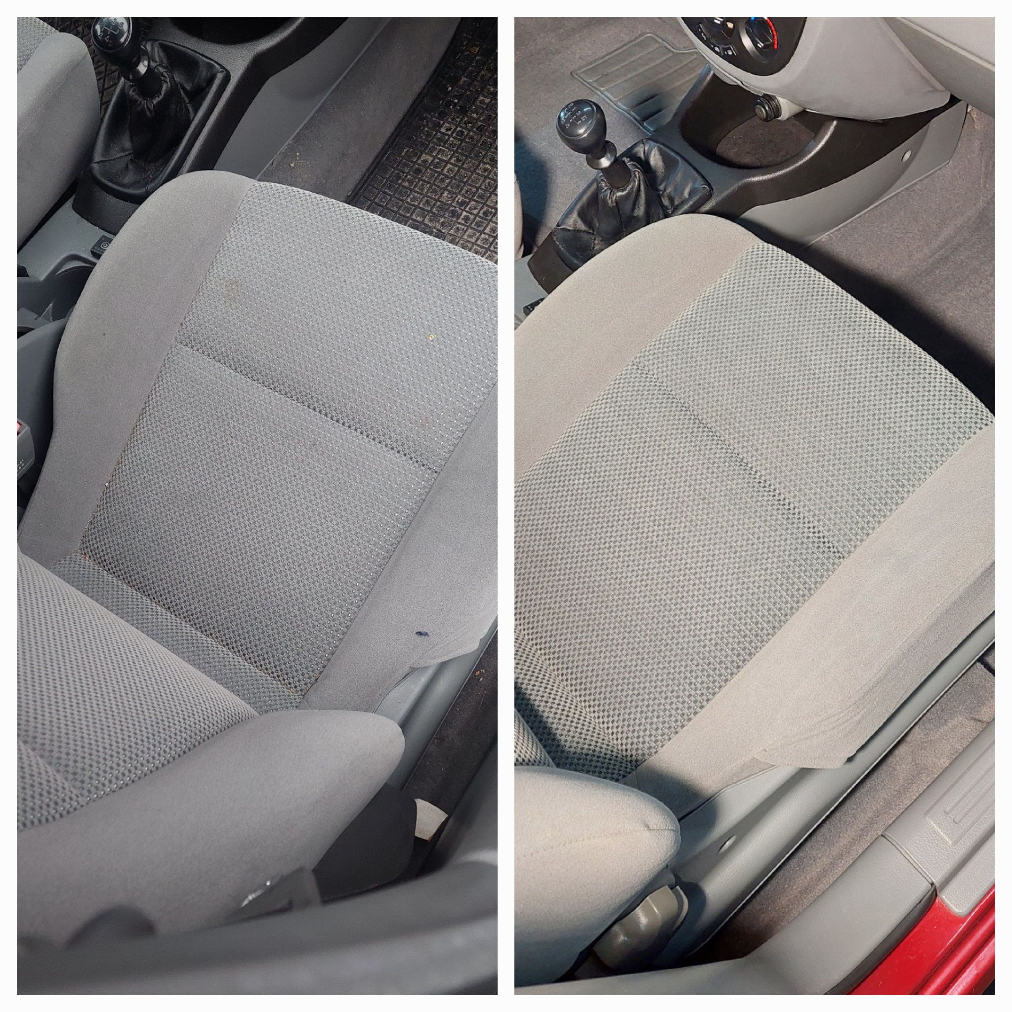 Porównanie fotela samochodowego przed i po czyszczeniu, widoczne różnice w czystości tapicerki, z lewej strony fotel zabrudzony, z prawej po wyczyszczeniu.