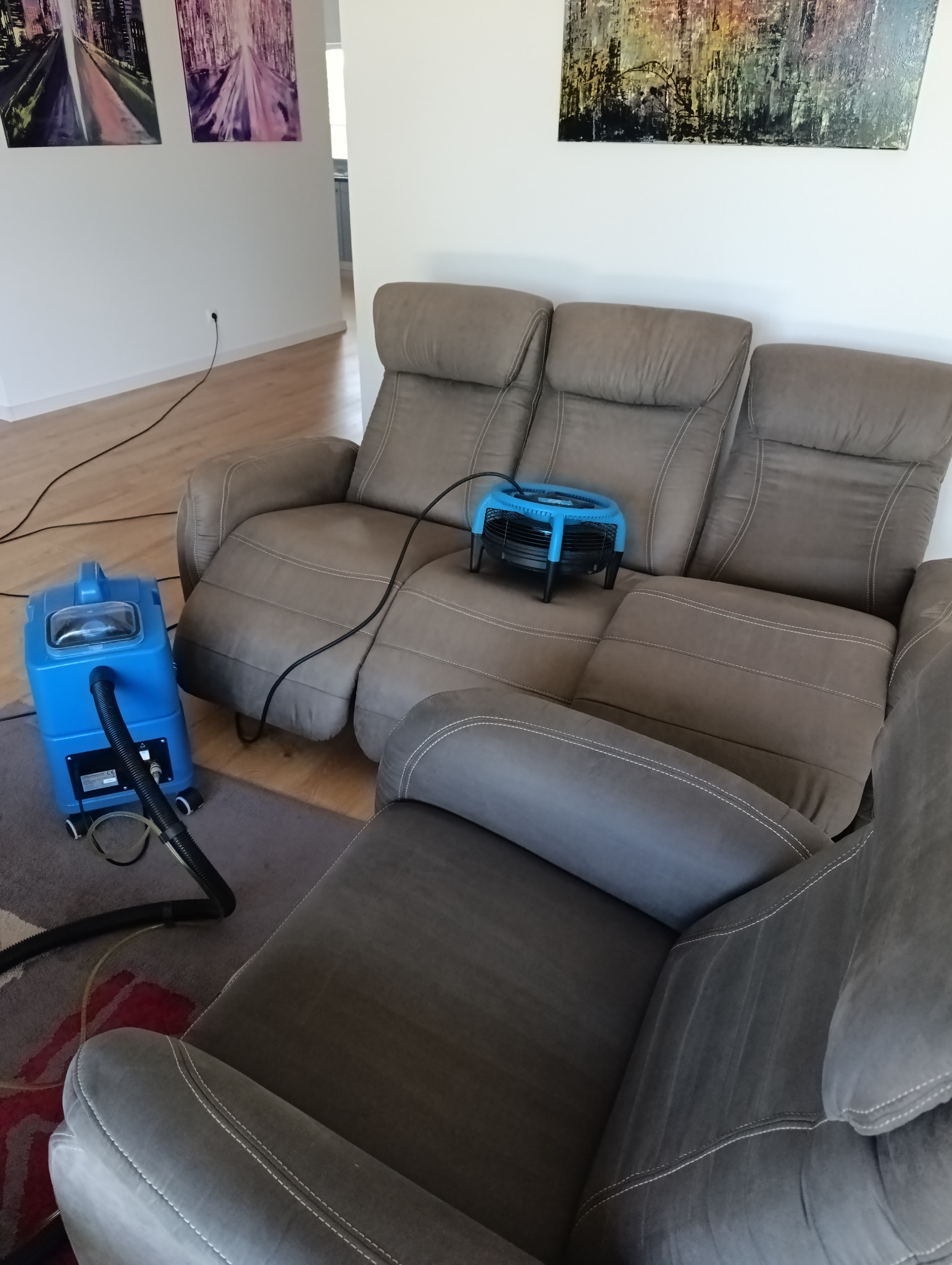 Szaro-beżowa sofa z funkcją relaks, na której stoi niebieski wentylator do suszenia tapicerki. Obok, na dywanie, stoi niebieski odkurzacz piorący z przezroczystą pokrywą zbiornika.