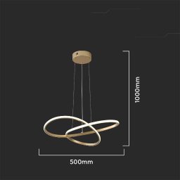 Rajled Sp. z o. o - Nowoczesna lampa wisząca LED z dekoracyjnymi, złotymi obręczami, wymiary zaznaczone na czarnym tle.