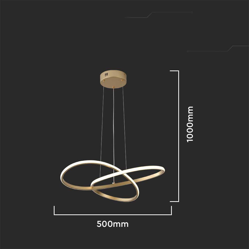 Nowoczesna lampa wisząca LED z dekoracyjnymi, złotymi obręczami, wymiary zaznaczone na czarnym tle.
