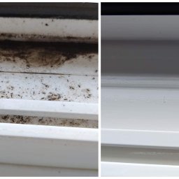 Przedsiębiorstwo Usługowe Paulina Gliszczyńska - Porównanie stanu okna przed i po czyszczeniu: po lewej stronie widoczny brud, kurz i owady w szparach okna, po prawej - czysta, biała powierzchnia.