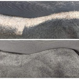 Przedsiębiorstwo Usługowe Paulina Gliszczyńska - Tapicerka samochodowa przed i po czyszczeniu: widoczna warstwa piasku i sierści przed, a następnie czysta, szara powierzchnia po zabiegu.