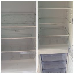Przedsiębiorstwo Usługowe Paulina Gliszczyńska - Zdjęcie 'przed i po' czyszczenia wnętrza lodówki. Po lewej brudna lodówka, po prawej czysta, z umytymi półkami i szufladami. Widoczne ślady po produktach spożywczych.
