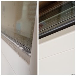 Przedsiębiorstwo Usługowe Paulina Gliszczyńska - Zdjęcie okna podzielone na dwie części: po lewej brudne okno z osadem, po prawej czyste okno z widocznymi roletami. Ukazuje efekt mycia okien.