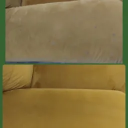 Żółta kanapa welurowa: górna część przed czyszczeniem z plamami, dolna po czyszczeniu - jednolity, intensywny kolor. Efekt prania tapicerki widoczny.