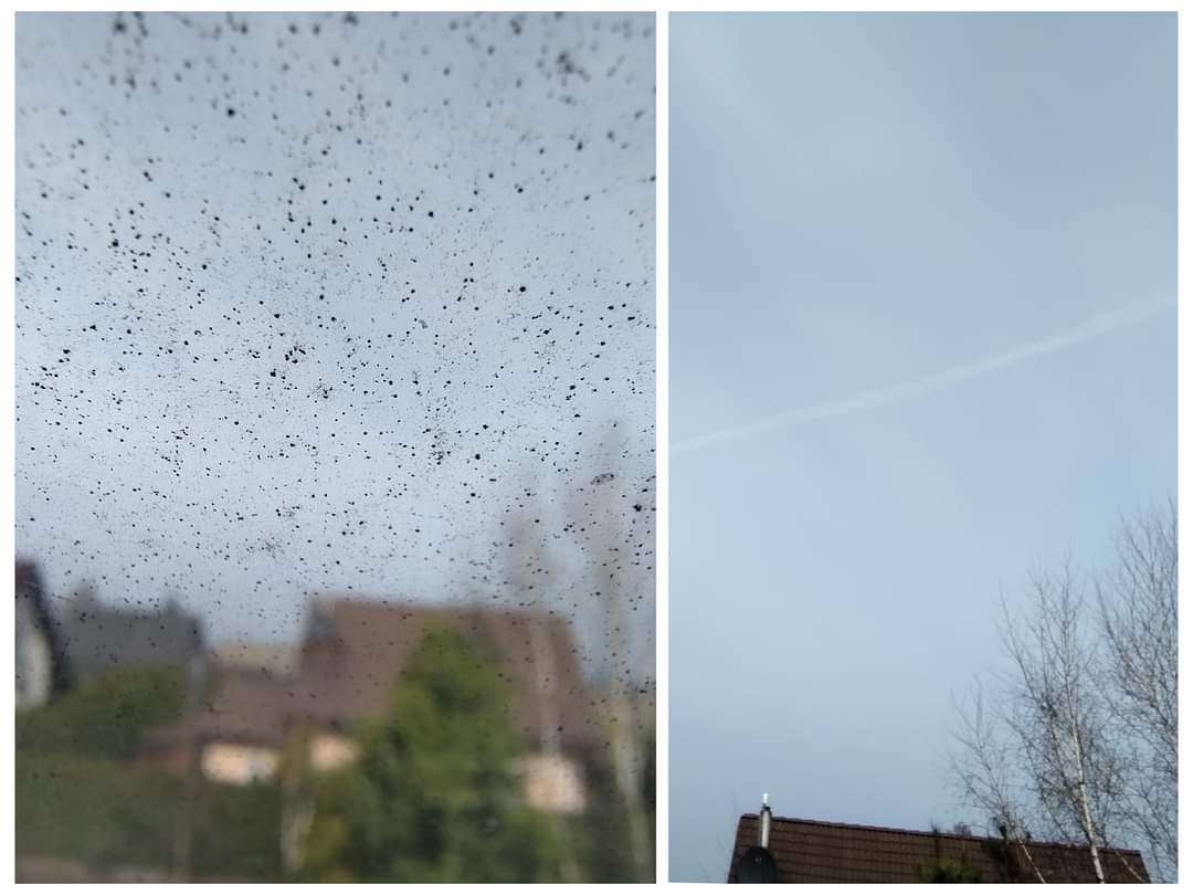 Porównanie: szyba okna silnie zabrudzona pyłem i brudem po lewej, z widocznymi zamazanymi konturami budynków, i czysta szyba okna po prawej, z widokiem na błękitne niebo i drzewa.