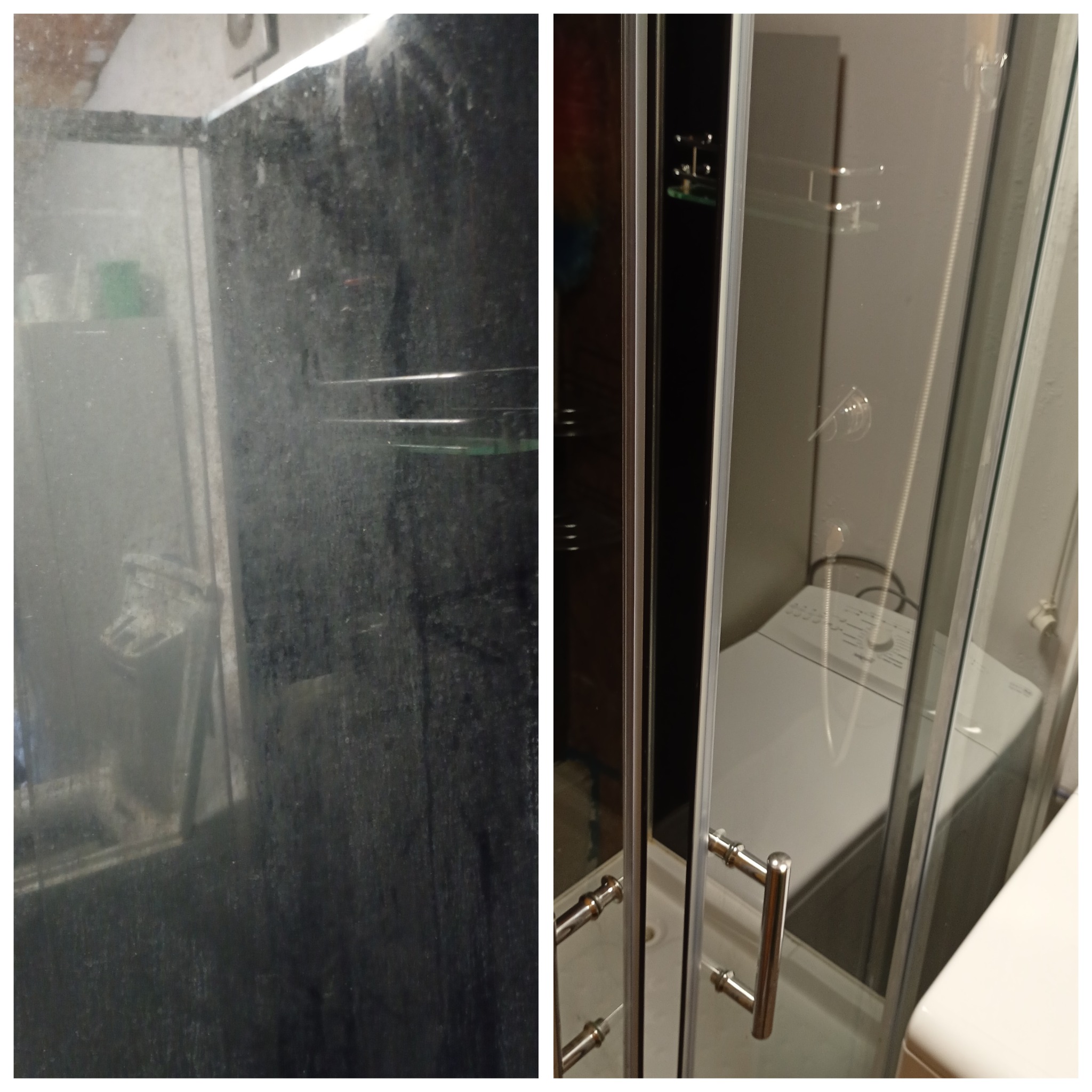 Kabina prysznicowa: po lewej brudna, po prawej czysta, umyta. Widoczna różnica w przejrzystości szkła i usuniętych zabrudzeniach. Efekt po czyszczeniu.