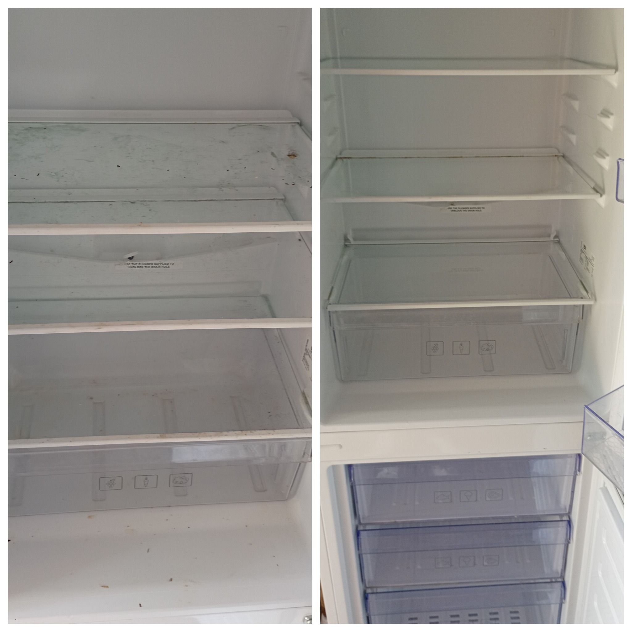 Zdjęcie 'przed i po' czyszczenia wnętrza lodówki. Po lewej brudna lodówka, po prawej czysta, z umytymi półkami i szufladami. Widoczne ślady po produktach spożywczych.