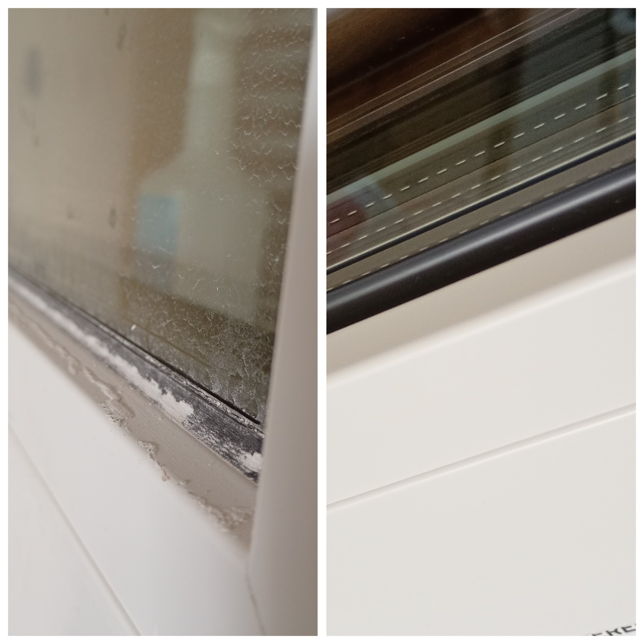 Zdjęcie okna podzielone na dwie części: po lewej brudne okno z osadem, po prawej czyste okno z widocznymi roletami. Ukazuje efekt mycia okien.