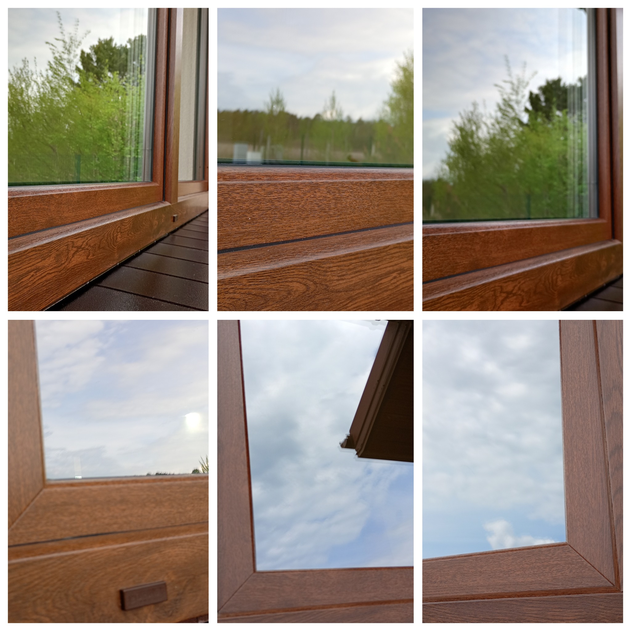 Sześć kadrów okna z brązową ramą o strukturze drewna, z widokiem na zewnątrz: zieleń, niebo. Ukazane detale ramy i otoczenia.