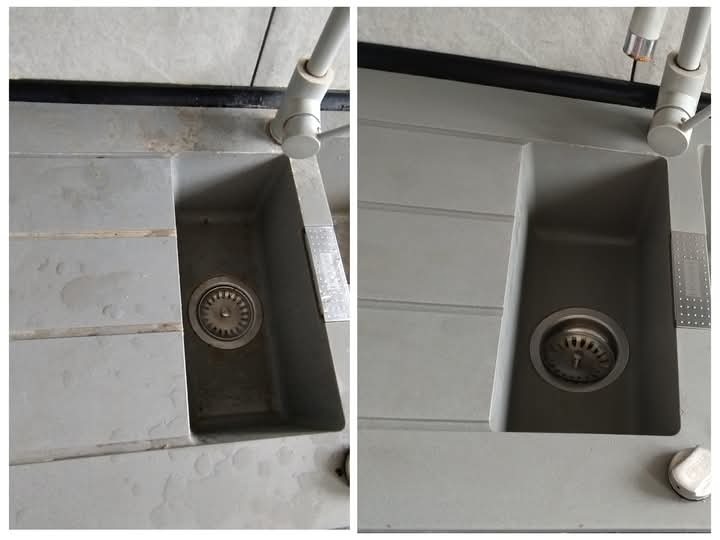 Zlewozmywak kuchenny przed i po czyszczeniu, widoczne różnice w zabrudzeniach i połysku. Szary kamień, metalowy odpływ, ujęcie z góry.