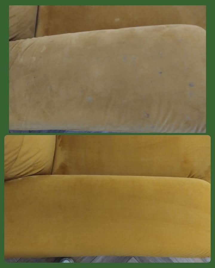 Żółta kanapa welurowa: górna część przed czyszczeniem z plamami, dolna po czyszczeniu - jednolity, intensywny kolor. Efekt prania tapicerki widoczny.