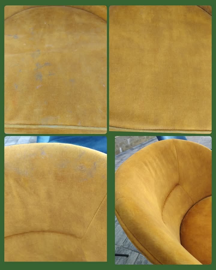 Żółty fotel tapicerowany: widok 'przed' z plamami i 'po' czyszczeniu, ukazujący odświeżony, jednolity kolor. Porównanie efektu czyszczenia tapicerki.