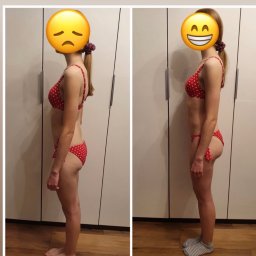Trener Personalny Karolina Chudzik - Kobieta w czerwonym bikini w kropki, zdjęcia 'przed' z smutną emotikoną i 'po' z uśmiechniętą emotikoną, prezentujące efekty treningu personalnego.