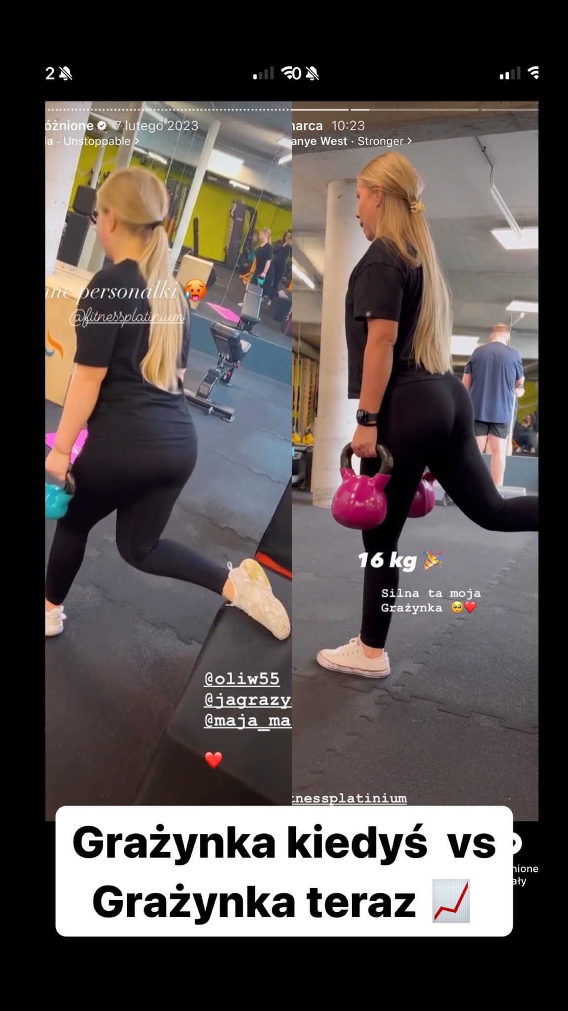 Porównanie sylwetki kobiety podczas ćwiczeń z obciążeniem, widoczne dwie wersje: 'kiedyś' i 'teraz', z kettlebell o wadze 16 kg, sugerujące postęp w treningu.