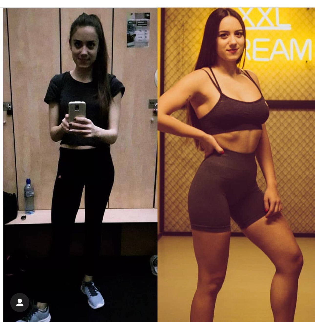 Kobieta prezentuje transformację sylwetki: zdjęcie przed i po treningu, widoczne zmiany w budowie ciała i kondycji fizycznej.
