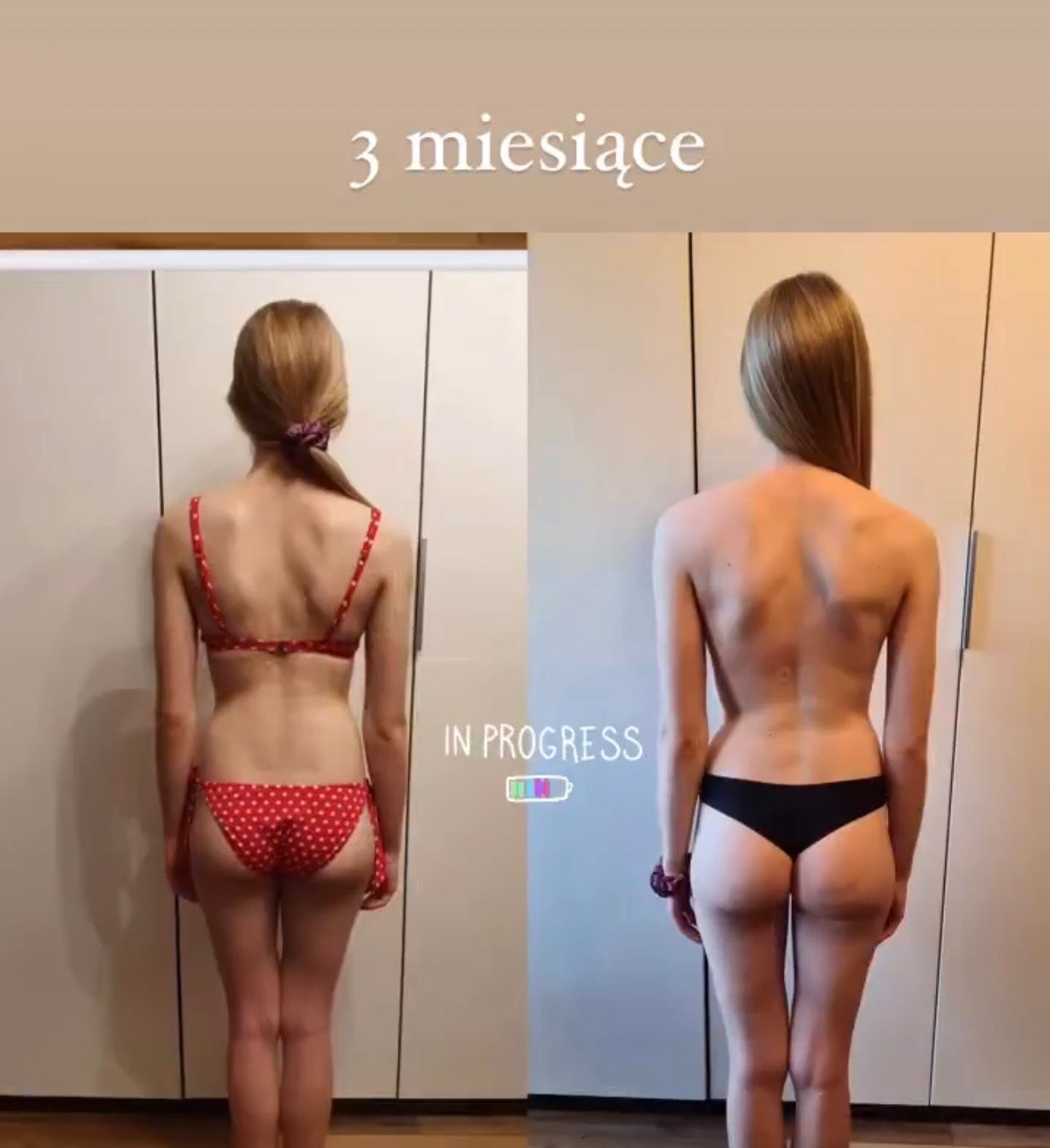 Kobieta, widok z tyłu, prezentuje zmiany sylwetki po 3 miesiącach, porównanie 'przed' w czerwonym bikini w kropki i 'po' w czarnych stringach, na tle białych drzwi szafy.