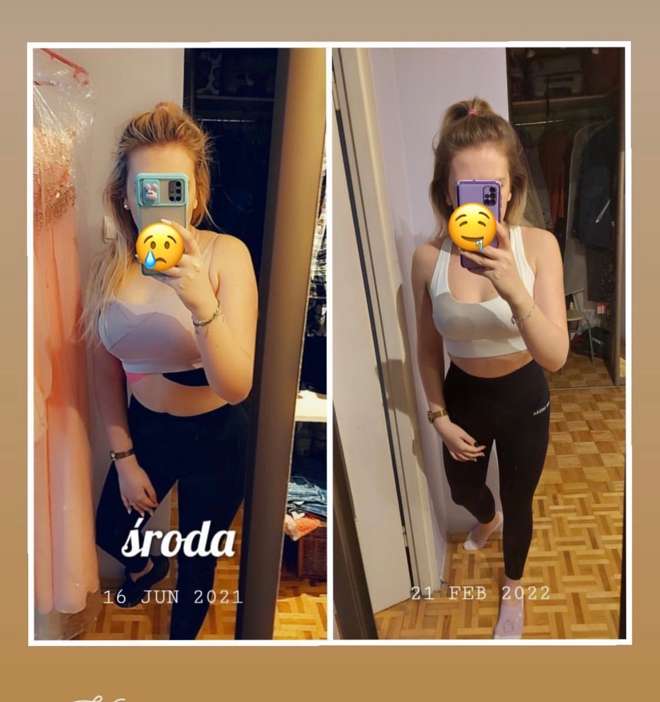 Porównanie sylwetki kobiety przed i po, prezentowane w formie kolażu zdjęć selfie w lustrze, z widoczną datą przed i po treningu.