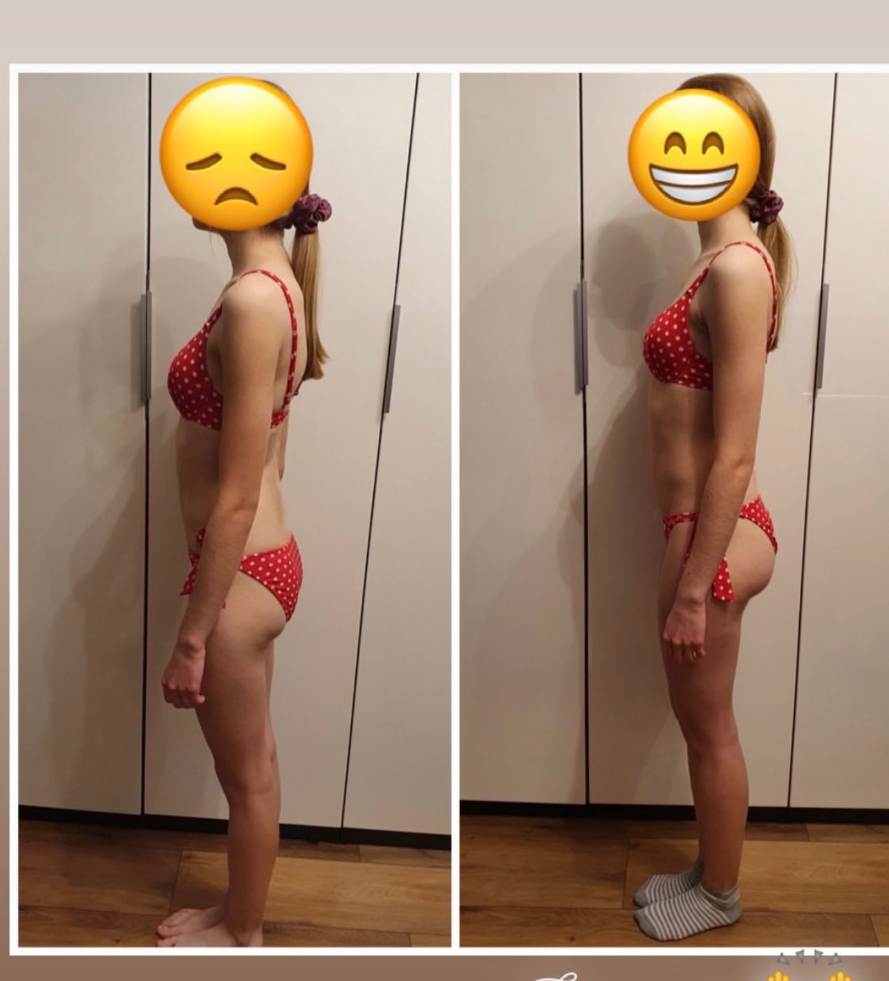 Kobieta w czerwonym bikini w kropki, zdjęcia 'przed' z smutną emotikoną i 'po' z uśmiechniętą emotikoną, prezentujące efekty treningu personalnego.