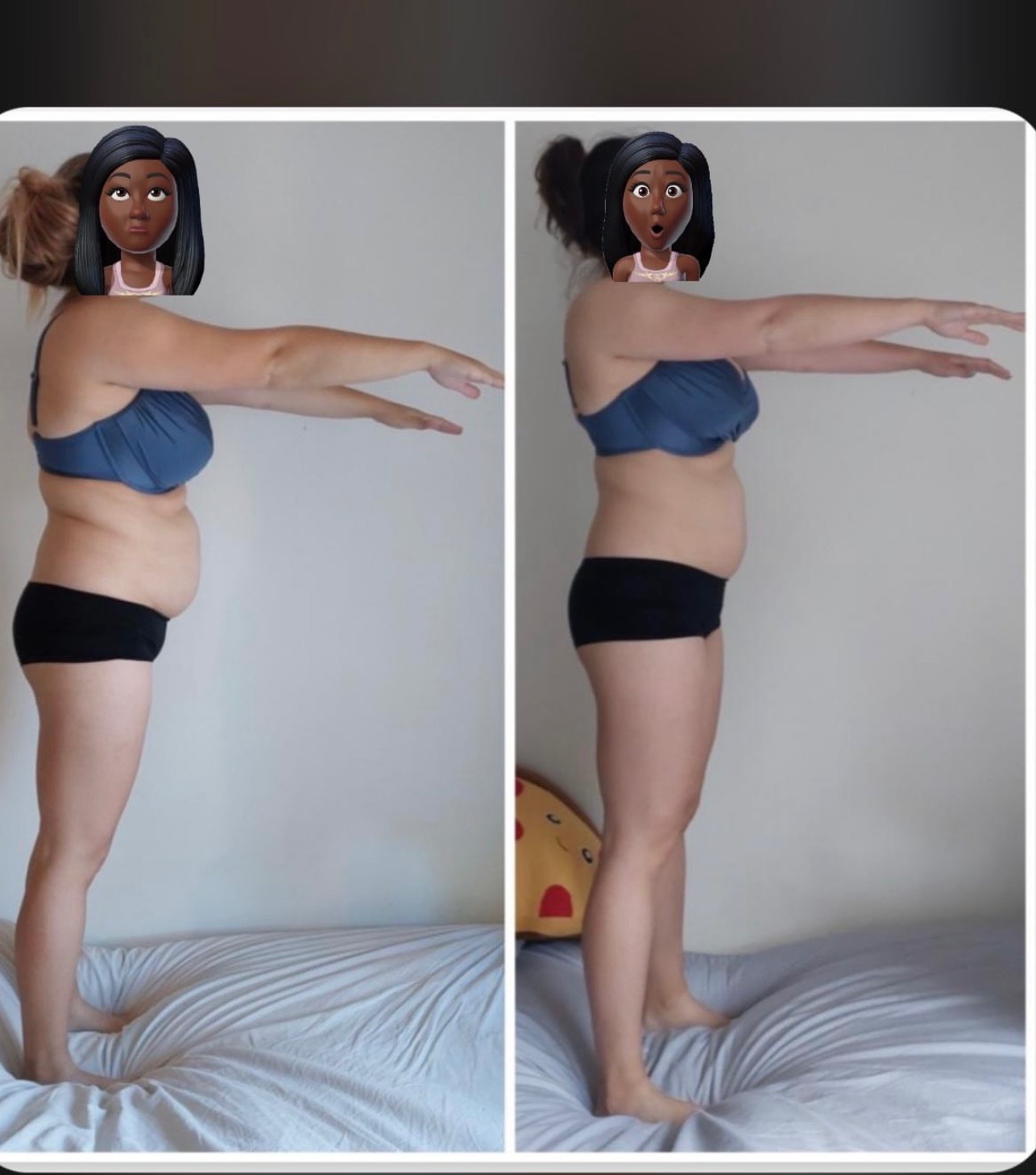 Kolaż przedstawiający sylwetkę kobiety przed i po, widok z boku, na jasnym tle z poduszką w kształcie pizzy.