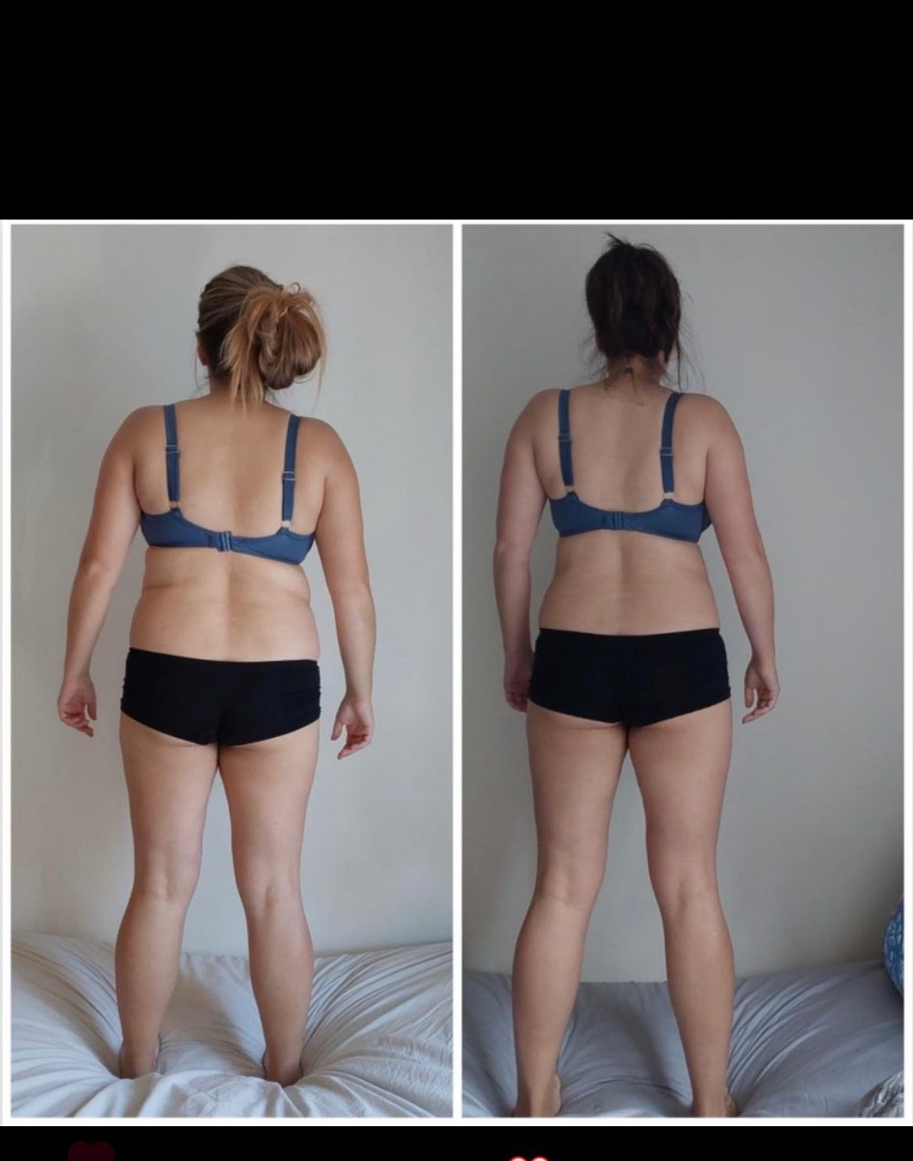 Porównanie sylwetki kobiety przed i po, widok z tyłu, w bieliźnie, na tle białej ściany i łóżka.