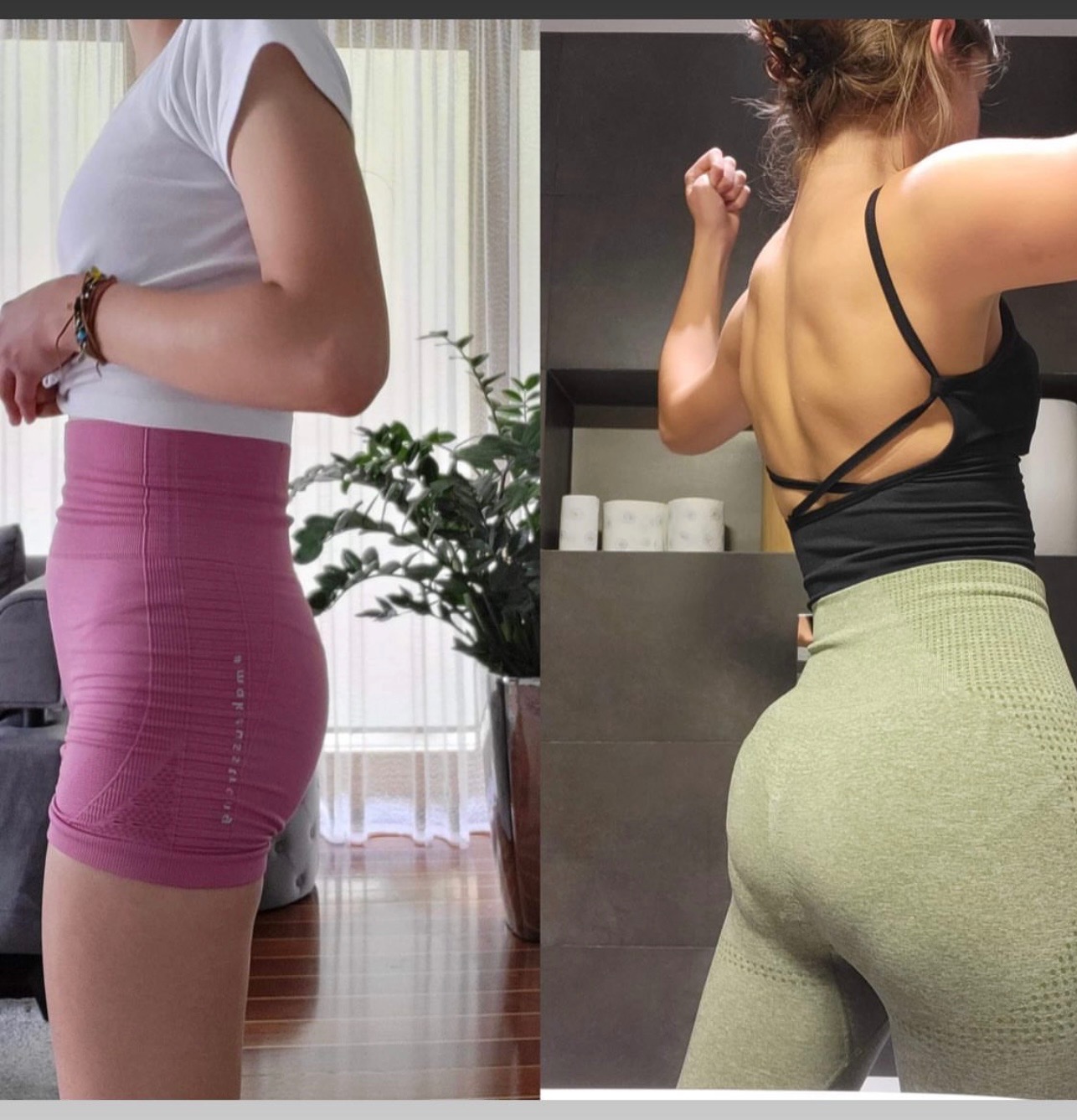 Porównanie sylwetki kobiety przed i po treningu, widoczne zmiany w kształcie pośladków i pleców, dwa ujęcia w sportowej odzieży na neutralnym tle.