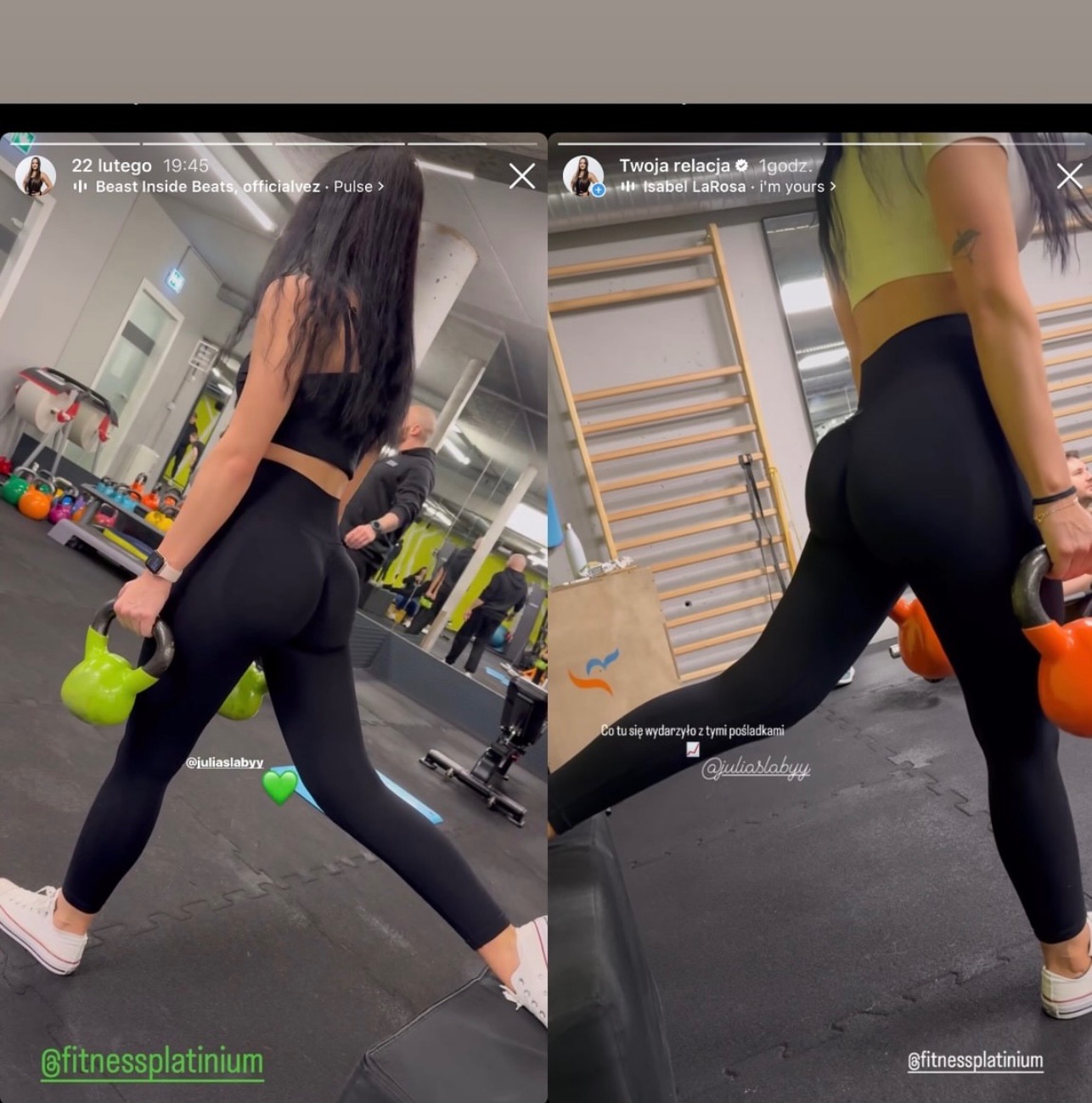 Kobieta w czarnym stroju sportowym wykonuje przysiad z odważnikiem kettlebell w siłowni, widoczna z perspektywy od tyłu, z elementami wyposażenia siłowni w tle.