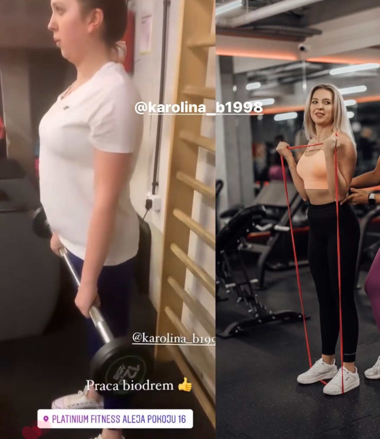 Kolaż: Kobieta przed i po treningu w siłowni Platinium Fitness, ćwiczenia z obciążeniem i gumą oporową.