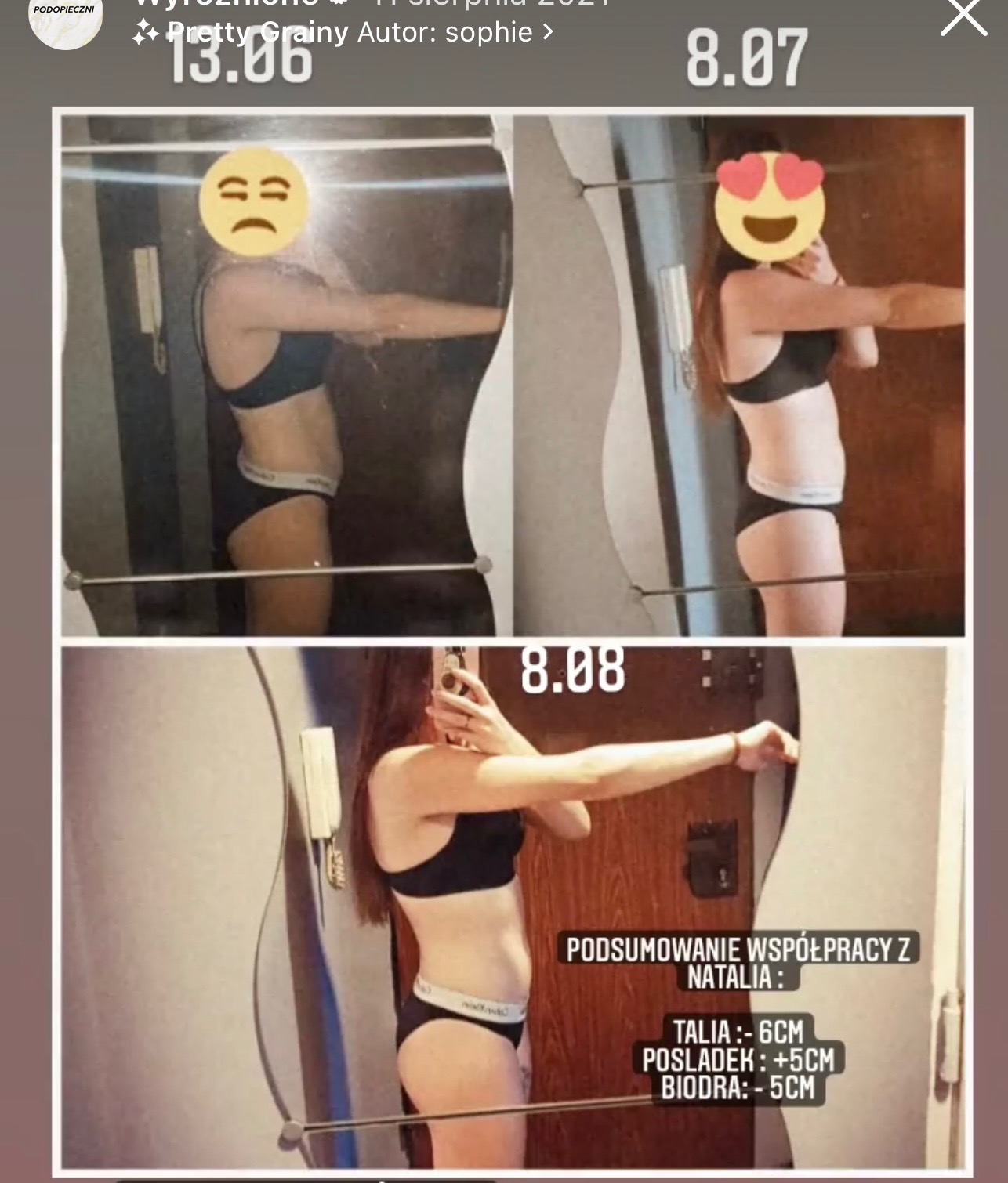 Kolaż zdjęć kobiety w bieliźnie przed i po, z widoczną zmianą sylwetki i podsumowaniem efektów współpracy, obejmującym zmniejszenie obwodu talii i bioder oraz zwiększenie obwodu pośladków.