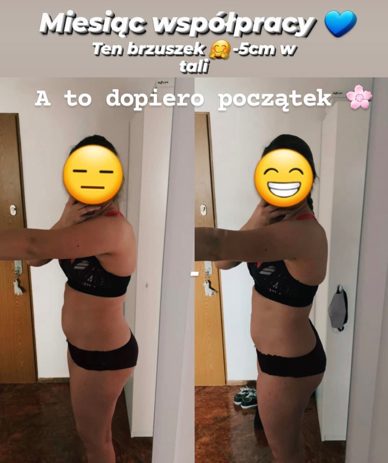 Porównanie sylwetki kobiety przed i po miesiącu treningów personalnych, widoczna różnica w obwodzie talii, zdjęcie z zakrytą twarzą emoji.