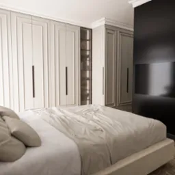 Elegancka sypialnia z dużym łóżkiem i szafą w zabudowie. Kontrastowe połączenie bieli i czerni. Minimalistyczny design z elementami dekoracyjnymi. Oświetlenie punktowe.