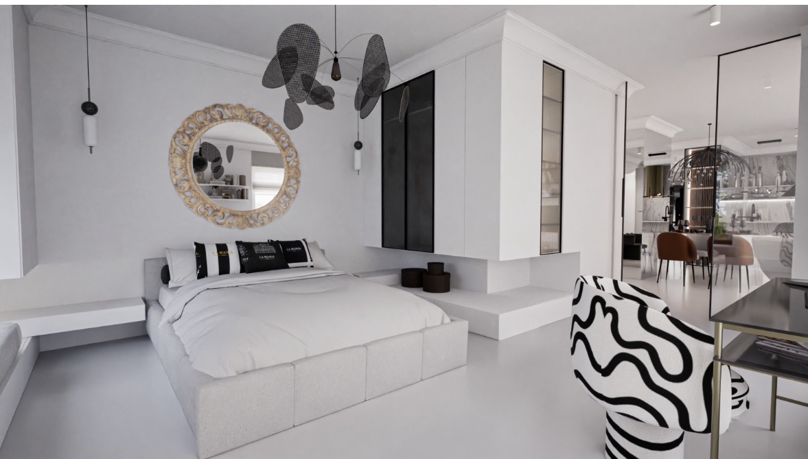 Nowoczesna sypialnia w bieli z okrągłym lustrem w ozdobnej ramie, designerską lampą i szafą w zabudowie, widok na salon przez szklaną ścianę.