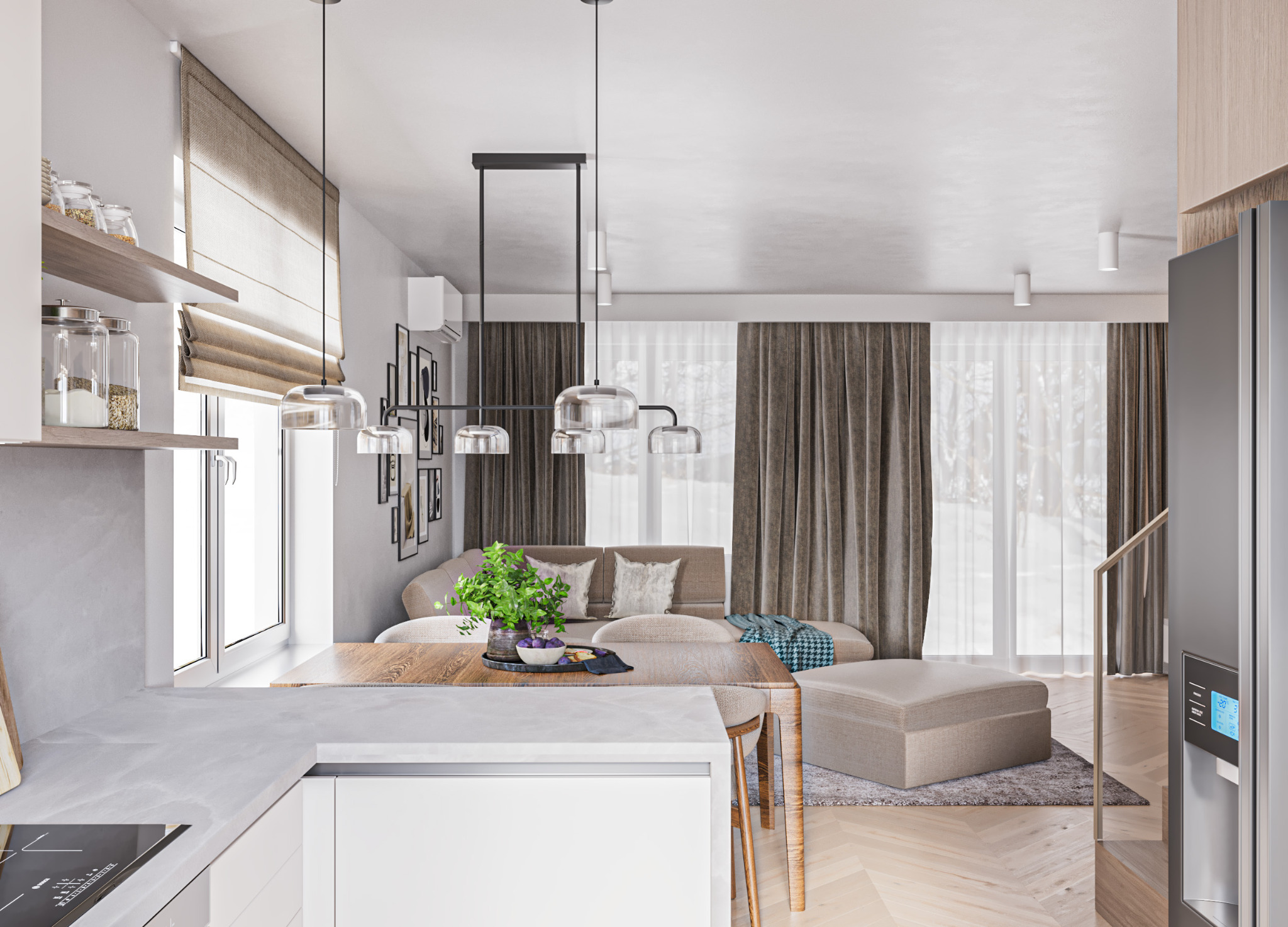 Nowoczesne wnętrze z otwartą kuchnią, jadalnią i salonem. Widoczny minimalistyczny stół z drewnianym blatem, nad nim szklane lampy. W tle sofa z poduszkami i pledem. Jasna kolorystyka, duże okna...