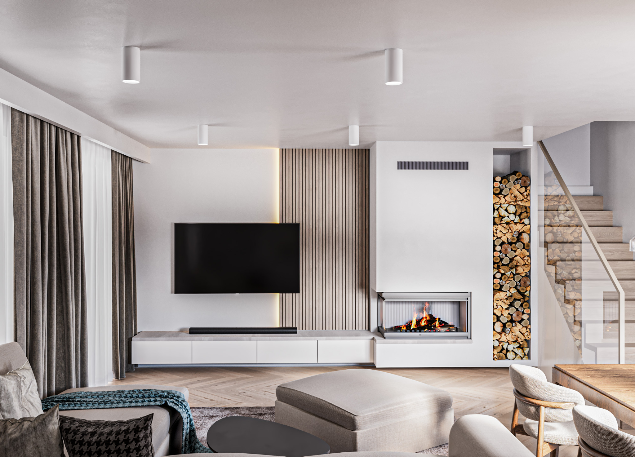 Nowoczesny salon z kominkiem, telewizorem na ścianie z drewnianą lamelią, drewnem ułożonym obok kominka, jasnymi meblami i parkietem w jodełkę.